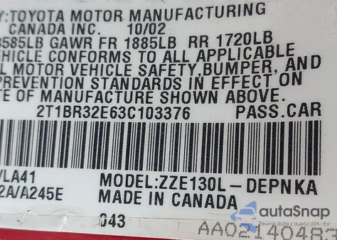 2003 Toyota Corolla Le z USA, uszkodzony, nr VIN 2T1BR32E63C103376